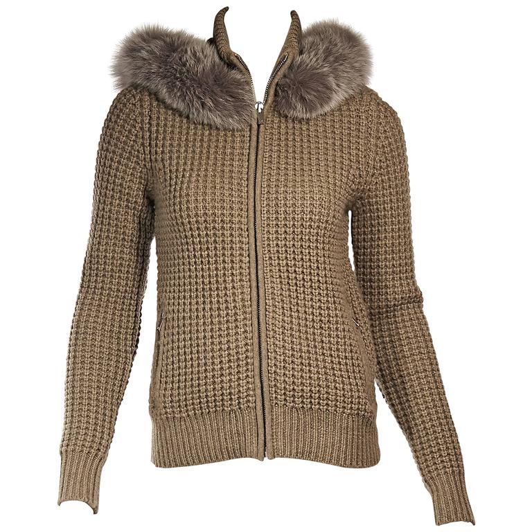 Tan Michael Kors Fox Fur-Trimmed Cashmere Sweater Jacket at