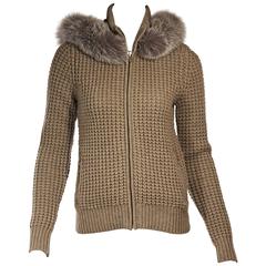 Tan Michael Kors Fox Fur-Trimmed Cashmere Sweater Jacket