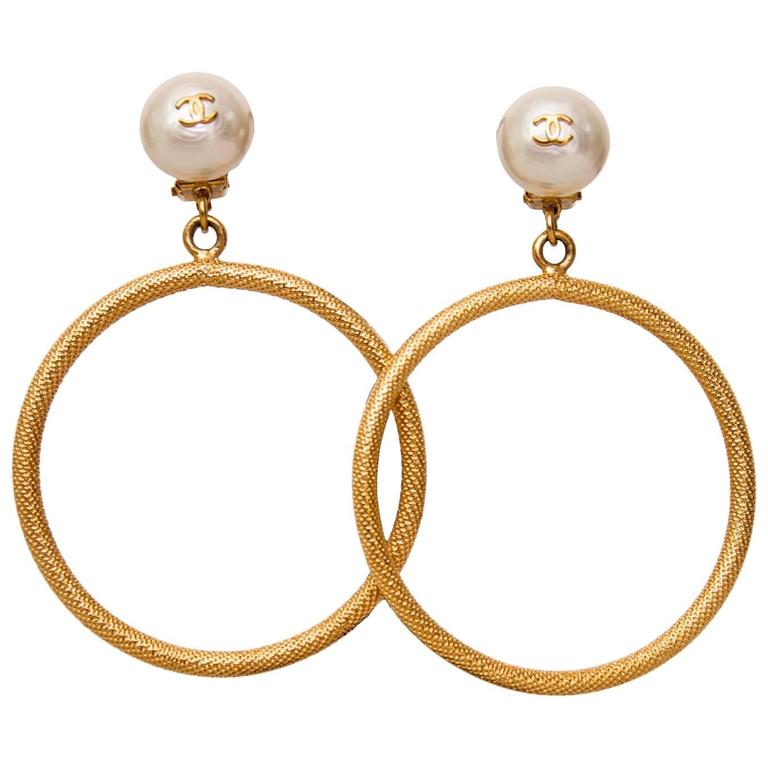1980s Chanel Mother of Pearl Dangle Hoop Clip-On Earrings at 1stDibs