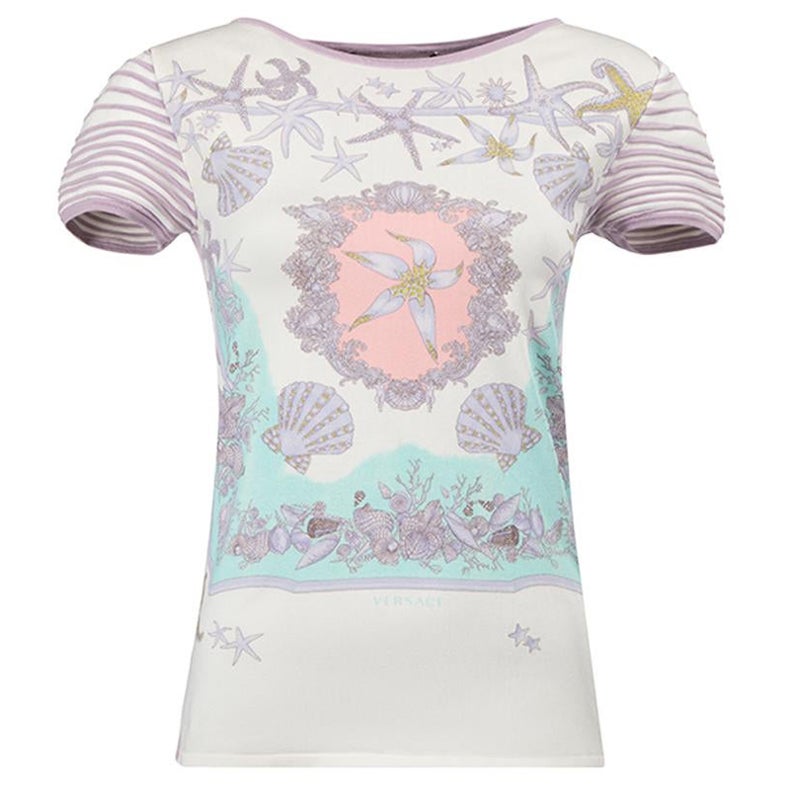 Cream & Lilac Shell Print Stretchy T-Shirt Size XS For Sale