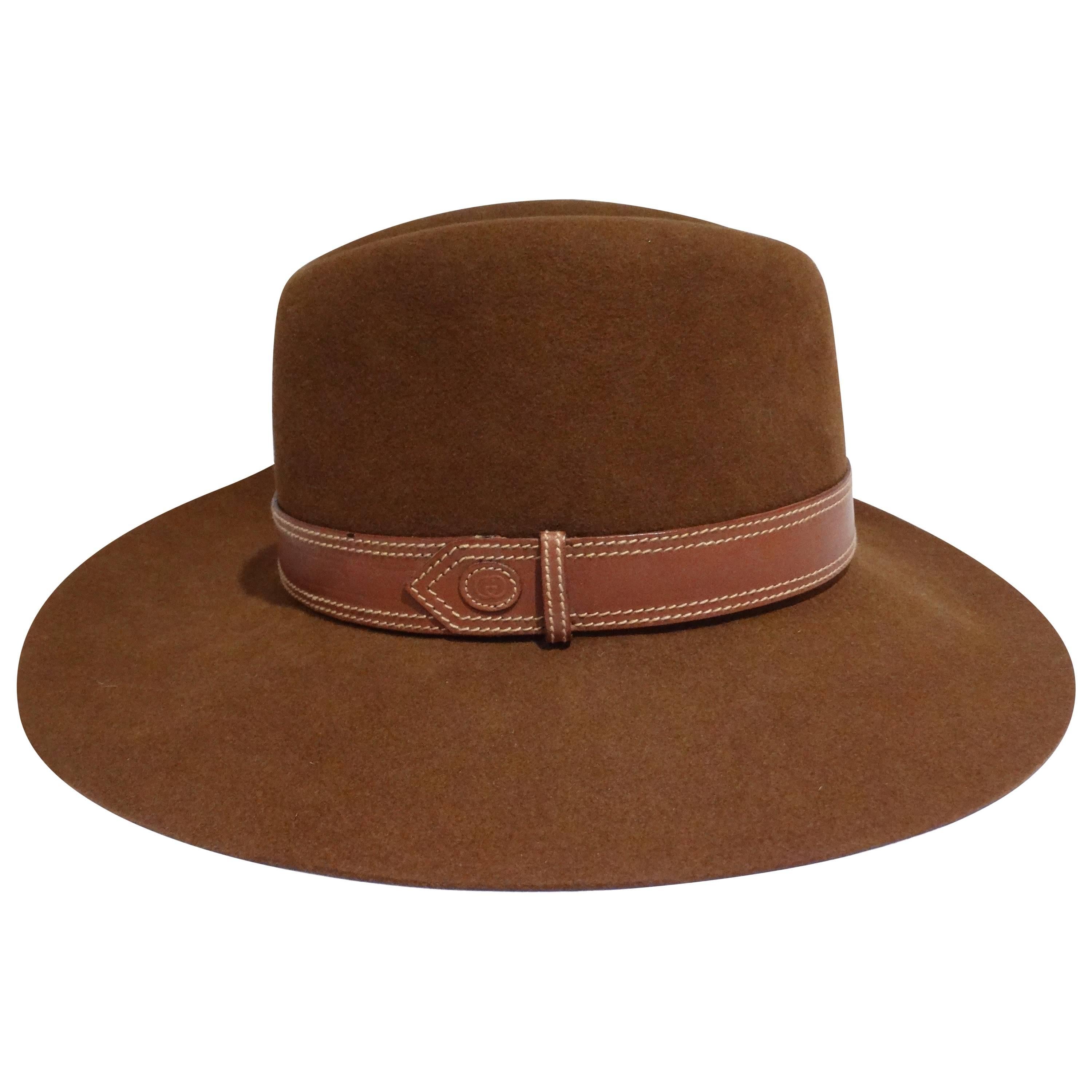 Rare 1970s Gucci G Tobacco Felt Wide Brim Hat 
