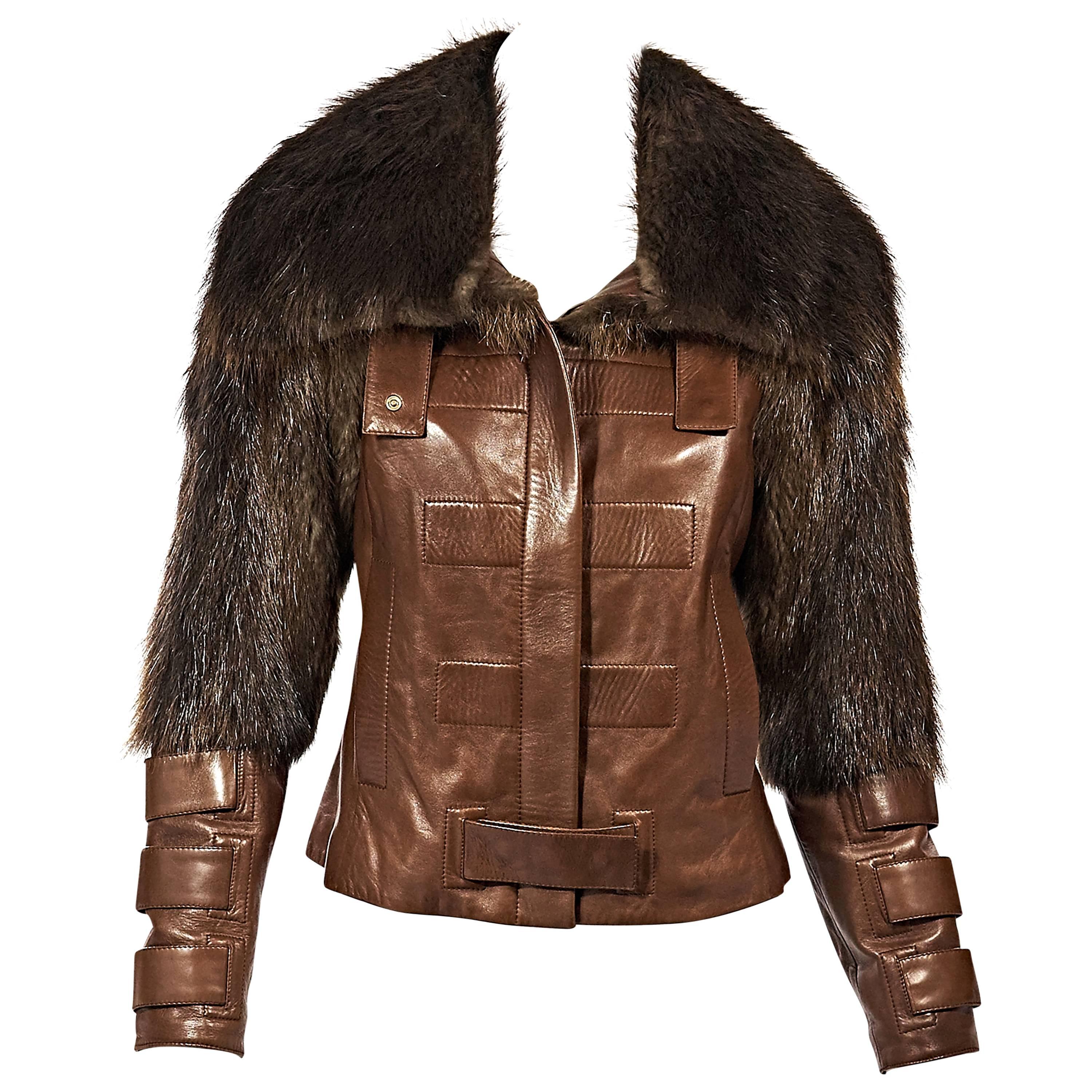Brown Gucci Fur-Trimmed Leather Jacket