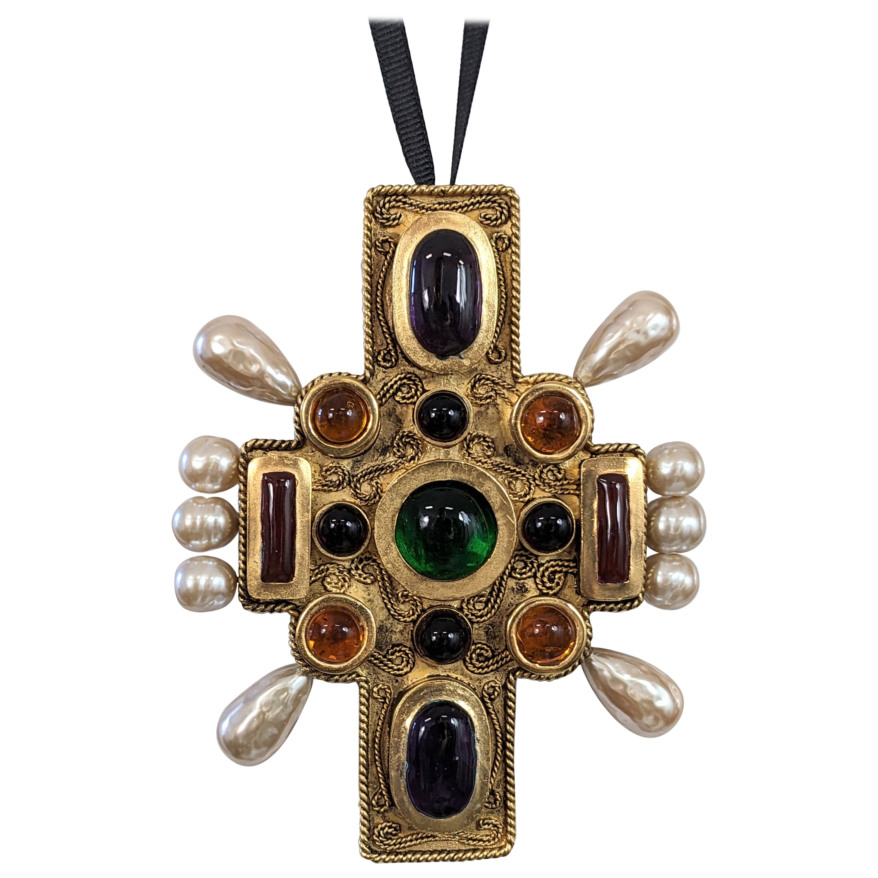 Chanel Massive Byzantine Cross Pendant Brooch by Maison Gripoix For Sale