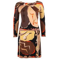 EMILIO PUCCI 1960s 2 Piece Brown Arrow Signature Print Silk Jersey Top Skirt Set