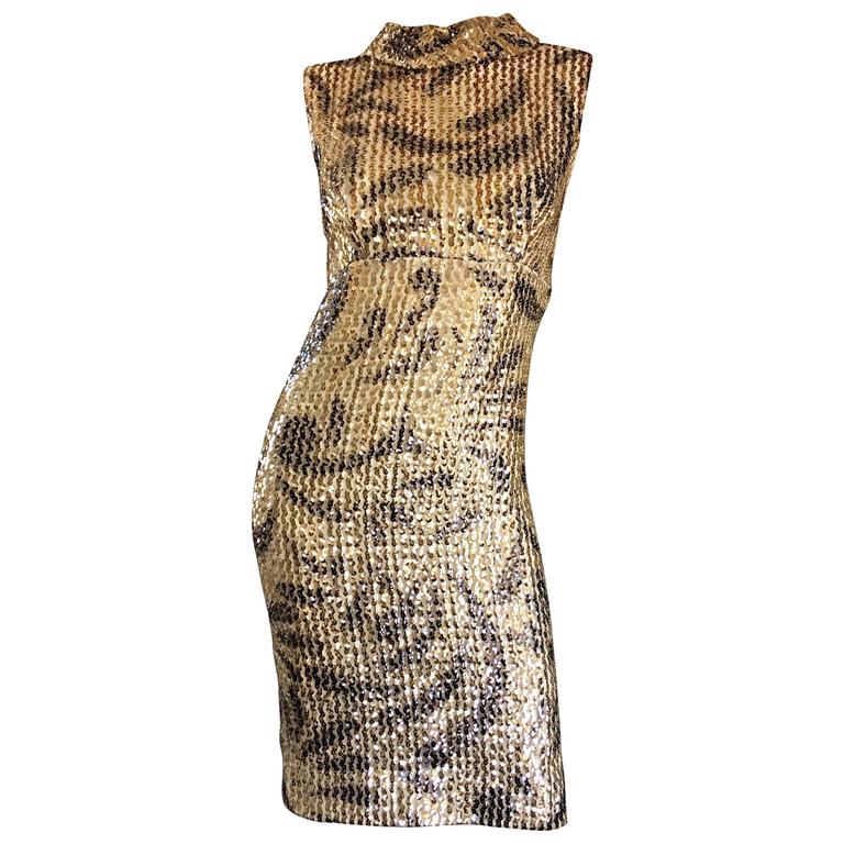 Elinor 1960s Vintage Gold Black Sequin 60s Retro Mod Wiggle Elinor 1960s Vintage Gold Black Sequin 60s Retro Mod Wiggle Shift Dress For