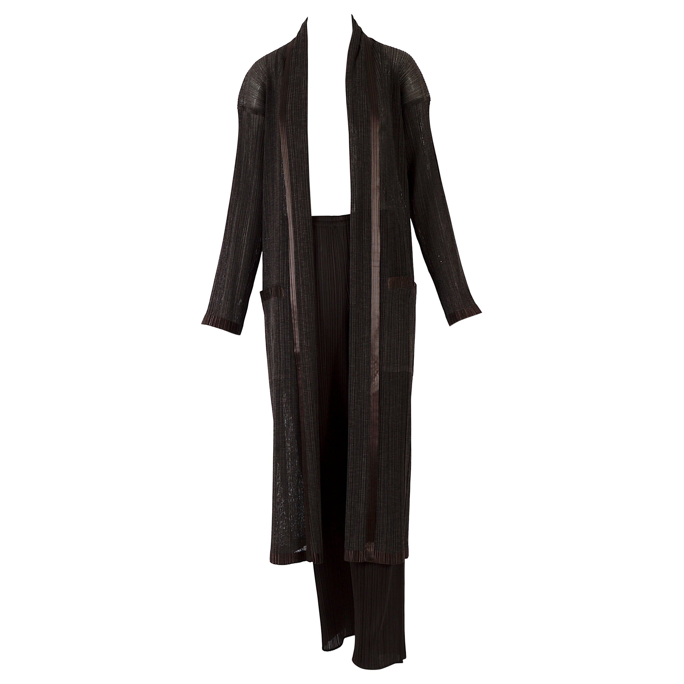 Issey Miyake pleats vintage 1990s chocolate brown coat & pants set  For Sale