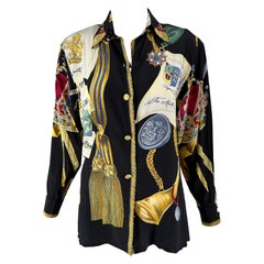 Jerri Sherman Kollektion Her Royal Majesty Military Seidenbluse mit Druck 1990er