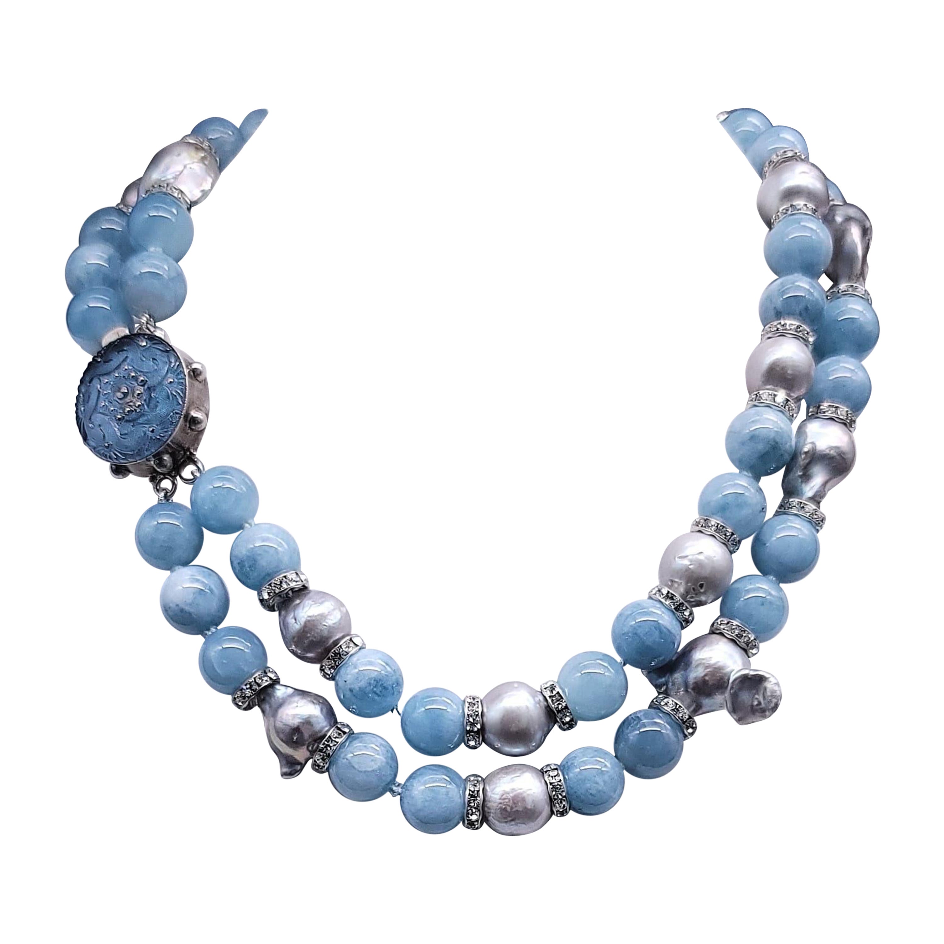 A.Jeschel Aquamarine and Baroque Grey Pearls necklace. For Sale