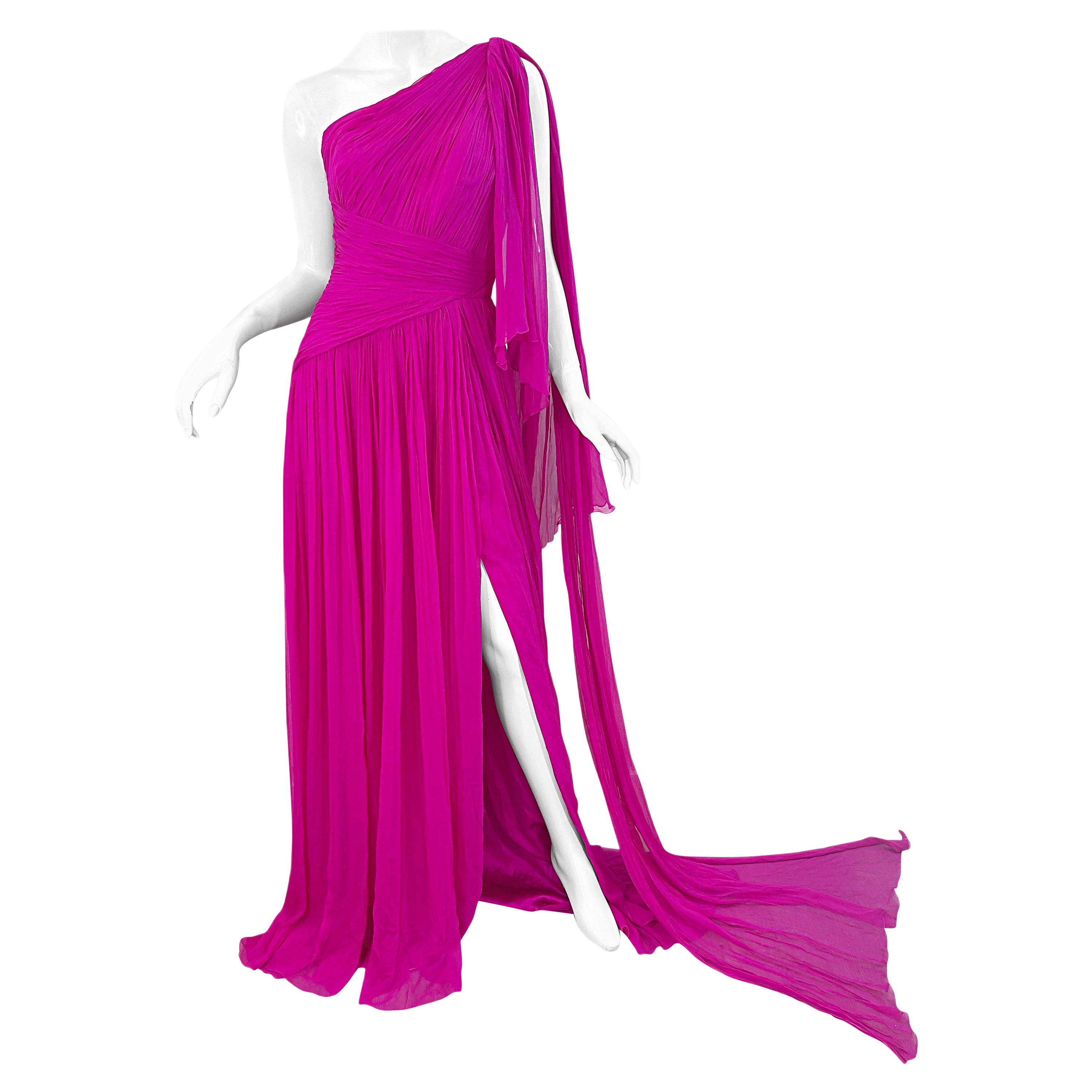 NWT Pamella Roland Spring 2018 Sz 6 / 8 Hot Pink Silk Chiffon One Shoulder Gown For Sale
