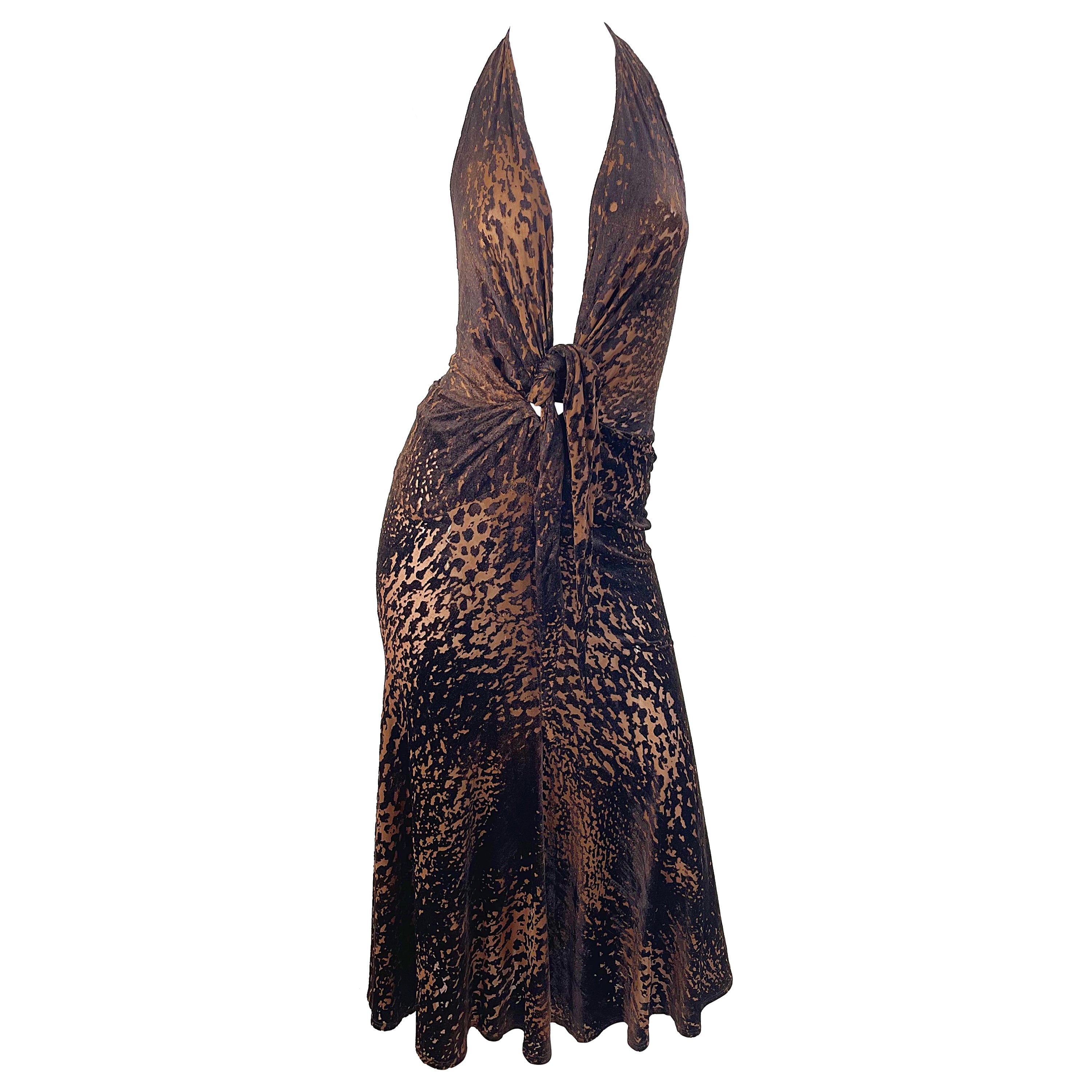 NWT Donna Karan F/W 2004 Brown Rayon Velvet Devore Leopard Sheer Plunging Dress