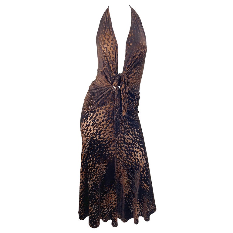 NWT Donna Karan F/W 2000 Brown Rayon Velvet Devore Leopard Sheer Plunging  Dress For Sale at 1stDibs