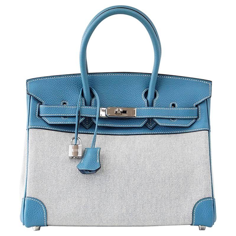 HERMES BIRKIN 30 Bag Toile Blue Jean Togo Leather  Palladium