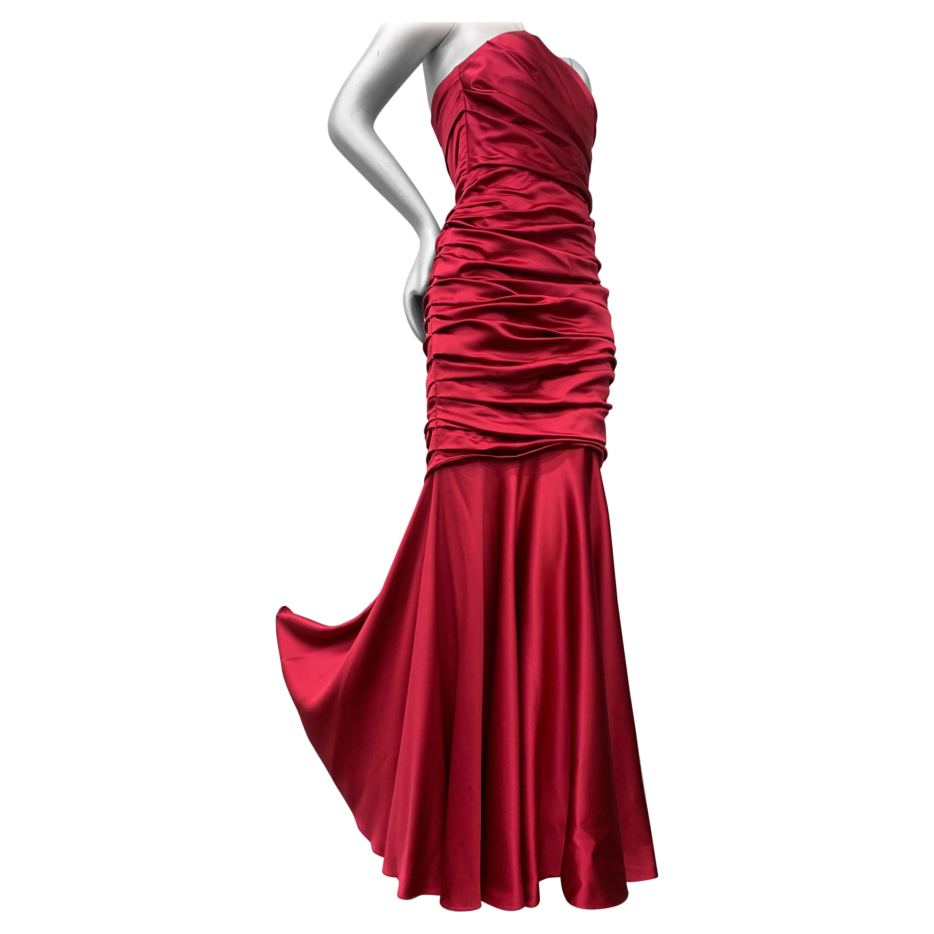 Dolce & Gabbana Red Satin Strapless Corset Gown w Fishtail Hem & Ruched Bodice For Sale