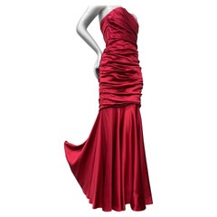 Dolce & Gabbana Red Satin Strapless Corset Gown w Fishtail Hem & Ruched Bodice