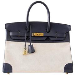 HERMES BIRKIN 35 Bag Retro Toile and Navy Leather Gold Hardware