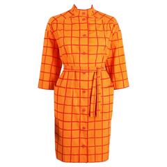 MARIMEKKO Design Research 1960s Orange Window Pane Cotton Button Up Coat Dress
