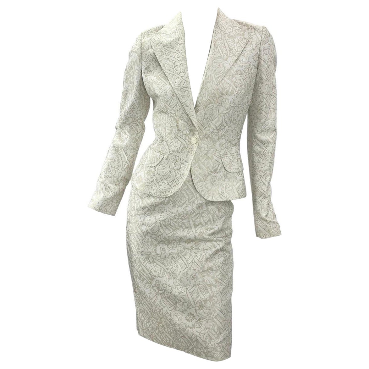 Early 2000-s Vintage Dolce & Gabbana White Gold Floral Jacquard Skirt Suit   For Sale