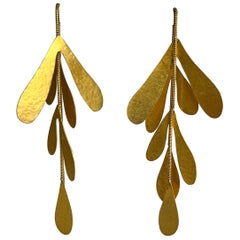 Gilt Metal Artisan Leaf Drop Earrings 