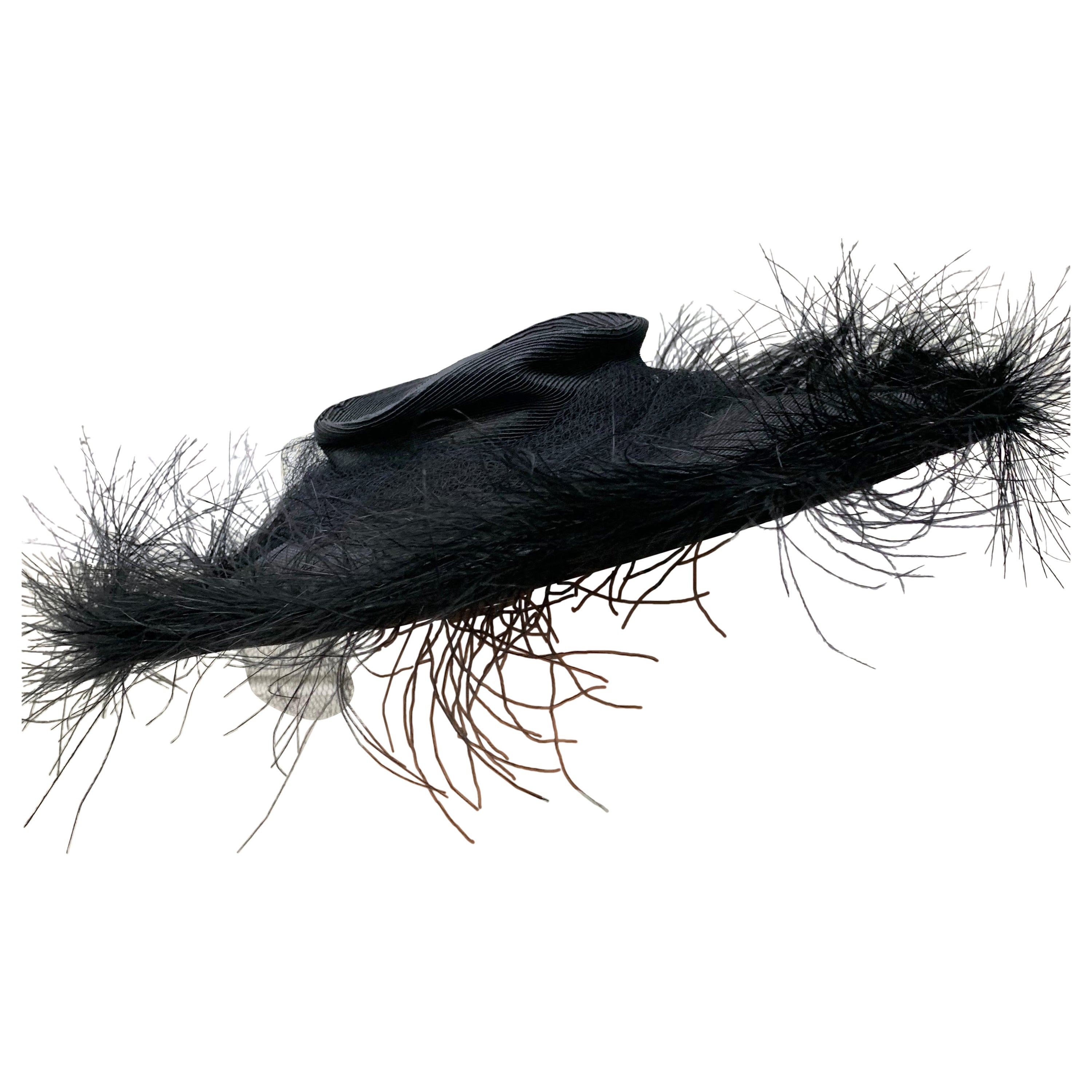 1940s I Magnin Goth Straw Cartwheel Hat w Low Crown & Wispy Feather Trim For Sale