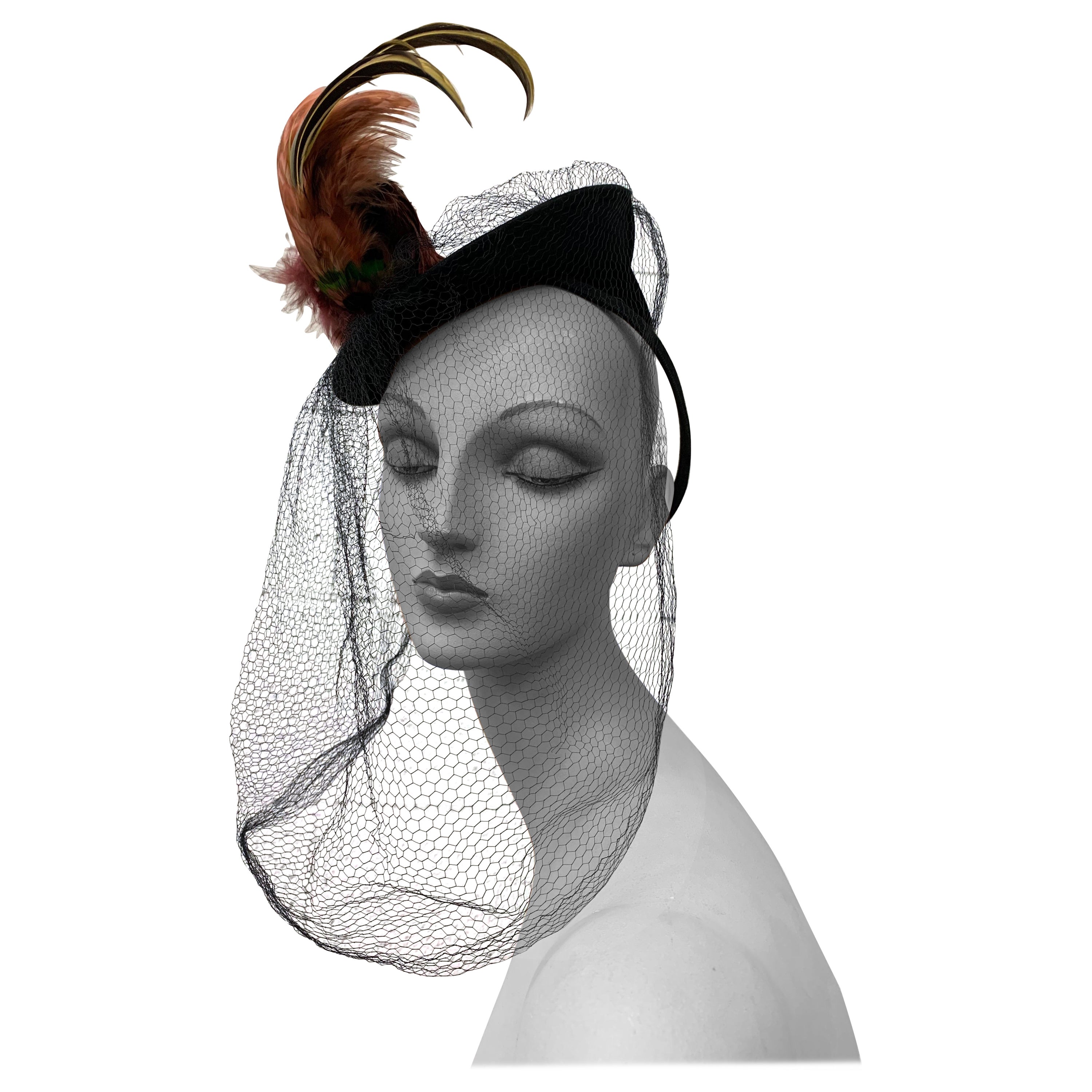 1940s Mathilde Model Black Felt Tilt Toy Hat w Exotic Feather Spray & Veil For Sale