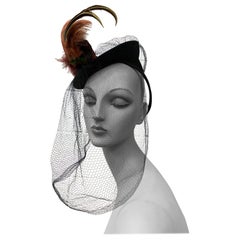 1940s Mathilde Model Black Felt Tilt Toy Hat w Exotic Feather Spray & Veil
