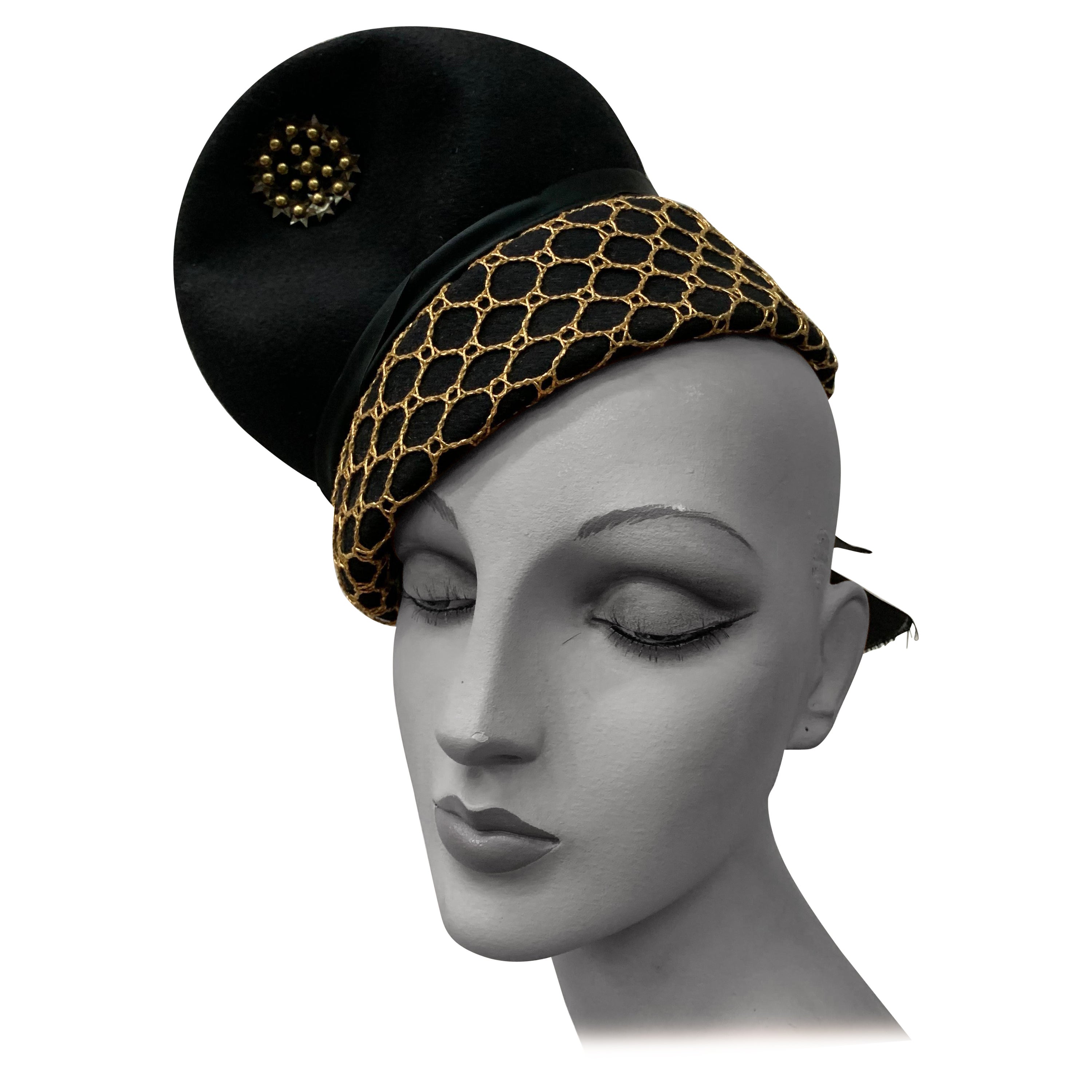 1940s Black Felt Surrealist Shape Hat w Gold Netting Sequin Medallion & Bow  For Sale