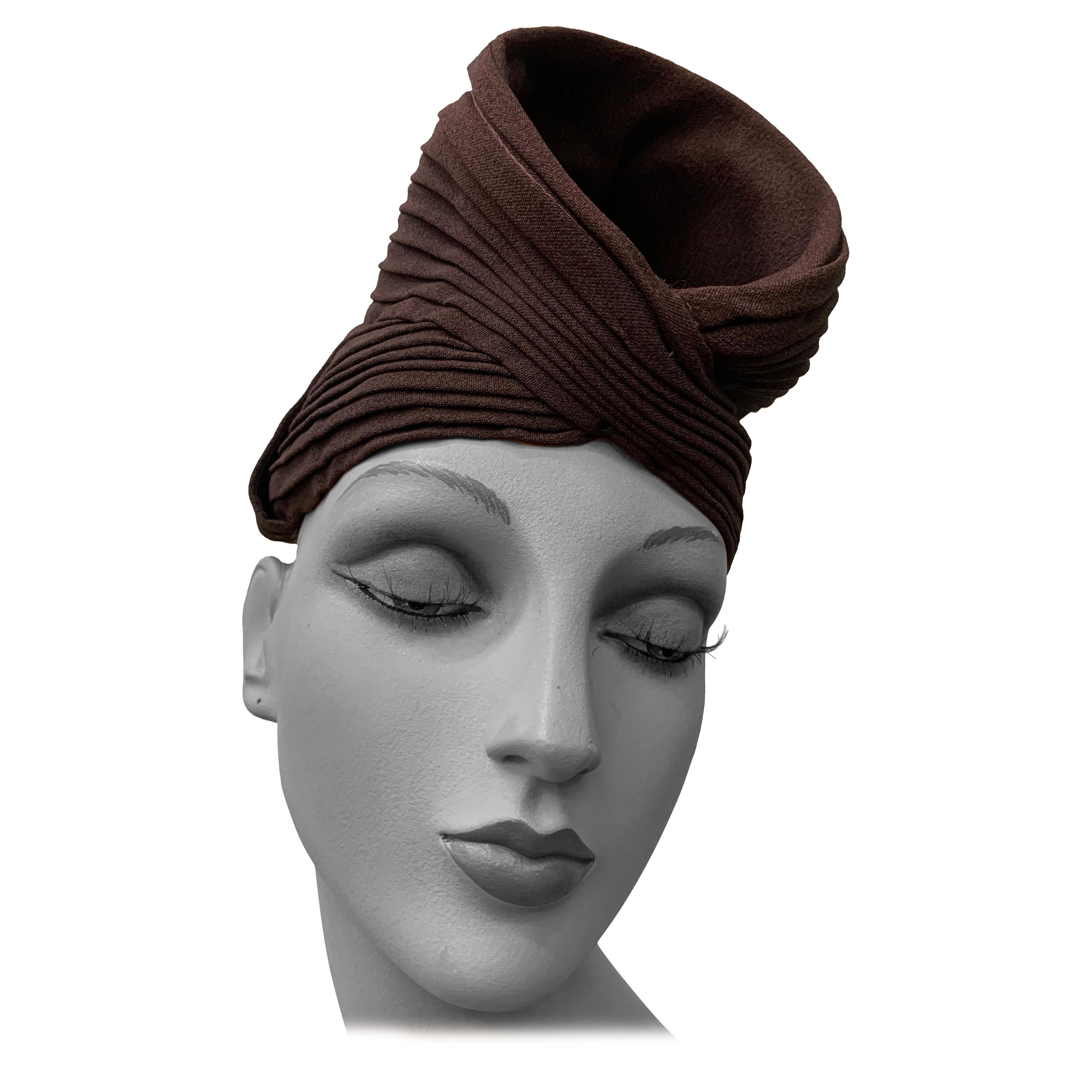 1940s Brown Pleated Crepe Turban w Funnel Shape at Crown - Embellish As You Like For Sale