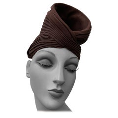 1940s Brown Pleated Crepe Turban w Funnel Shape at Crown - Embellish As You Like