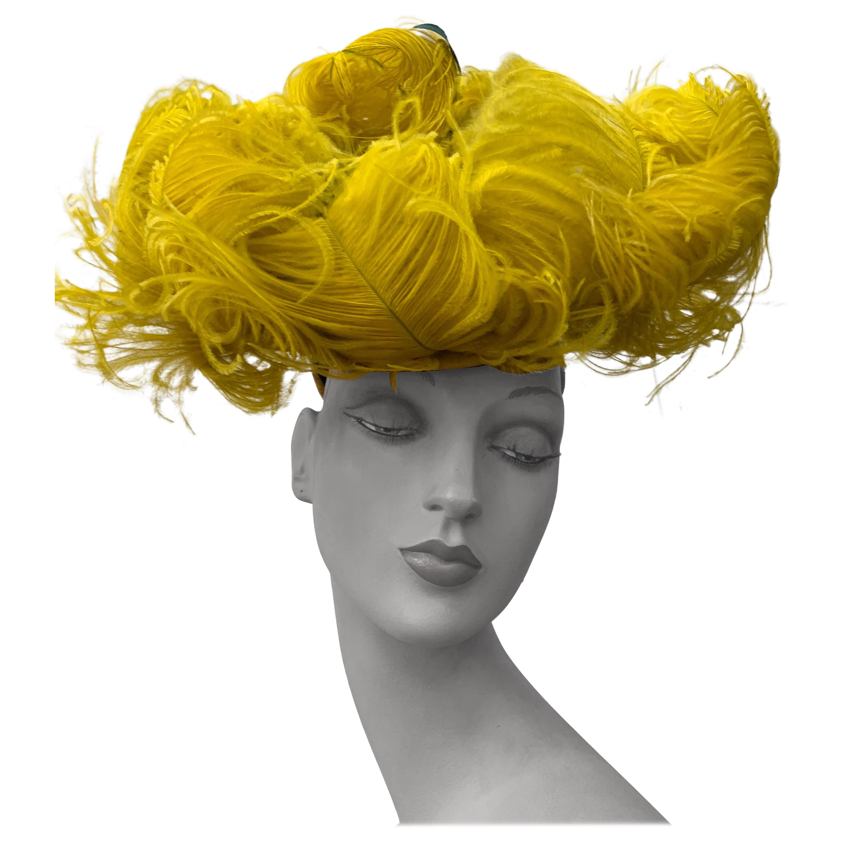 Spectacular 1940s Chartreause Ostrich Feather Perching Doll Hat Fascinator For Sale