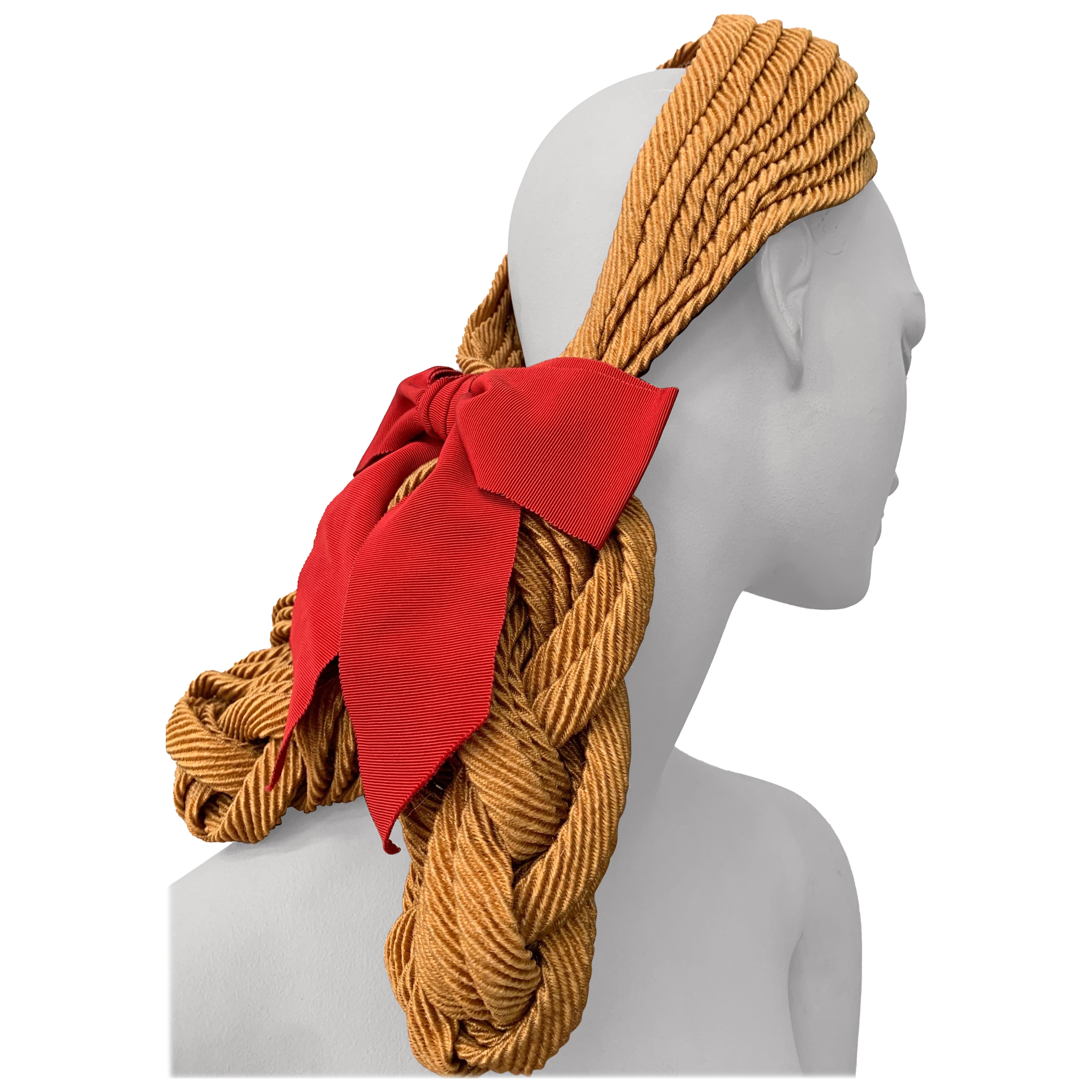 1940s Lilly Dache Couture "Double Chignon" Braided Straw Hat w Red Bow  For Sale