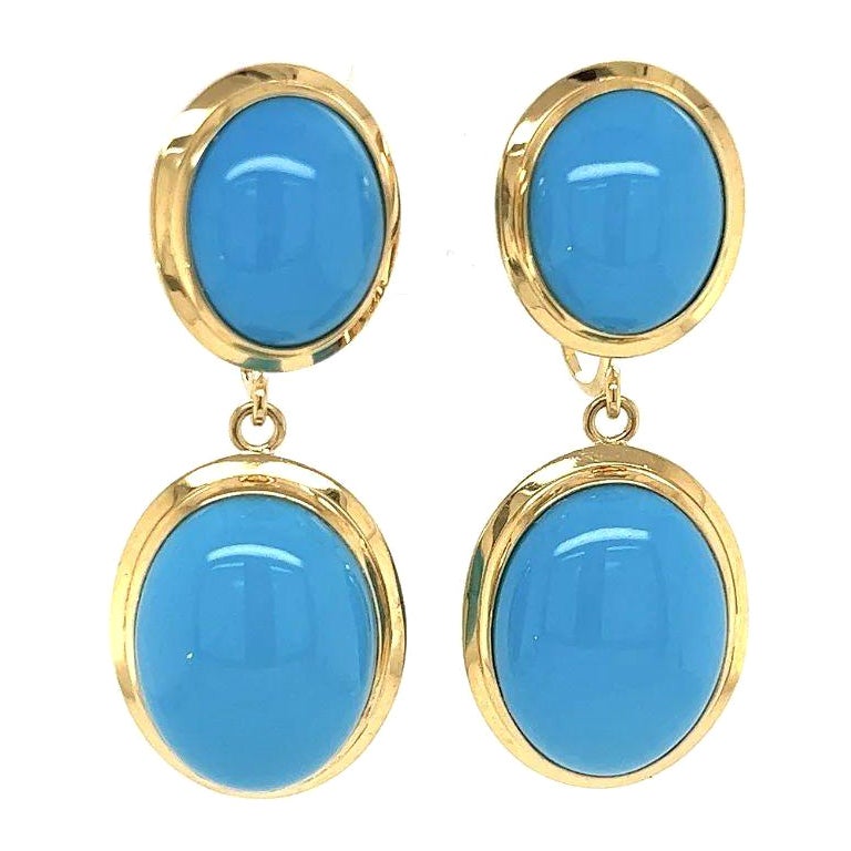 Vintage Double Oval Turquoise Drop Gold Earrings For Sale