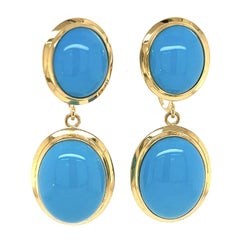Vintage Double Oval Turquoise Drop Gold Earrings