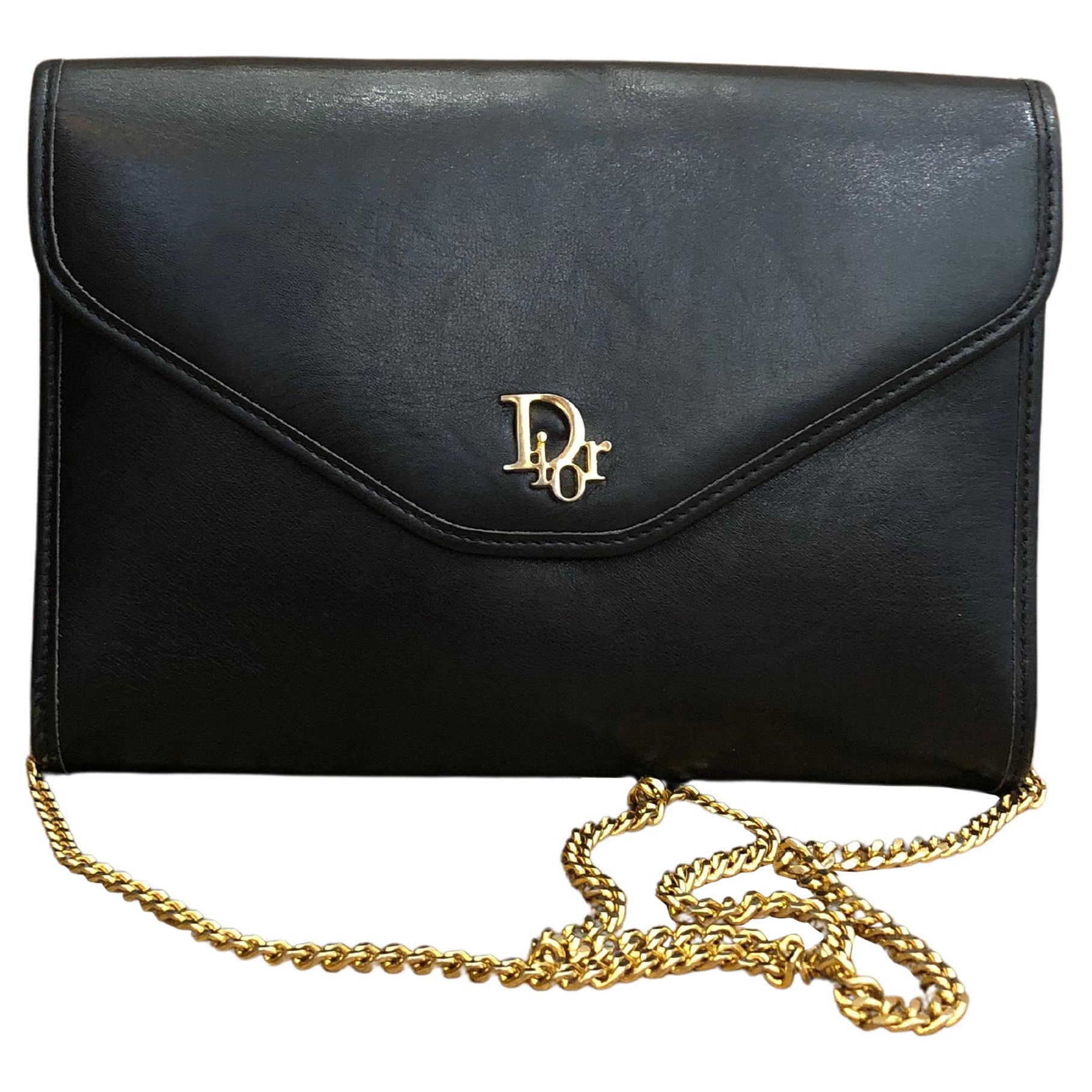 Vintage CHRISTIAN DIOR Black Leather Chain Bag Small For Sale
