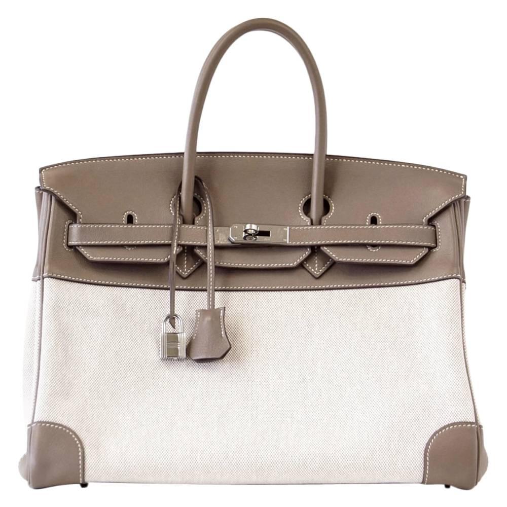 HERMES BIRKIN 35 Sac Etoupe et Toile Swift Cuir Palladium Hardware