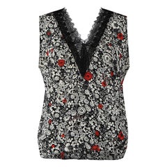 Floral Print Silk Sleeveless Lace Trim Top Size S