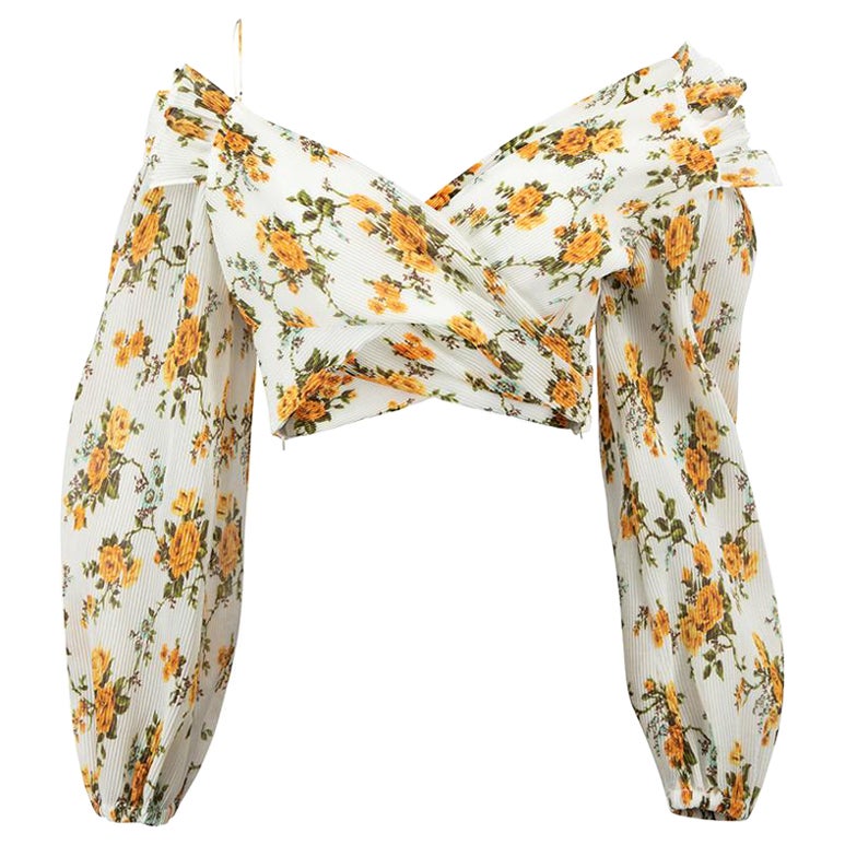 White Floral Print Asymmetric Pleated Crop Top Size L For Sale