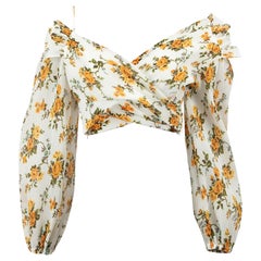Used White Floral Print Asymmetric Pleated Crop Top Size L