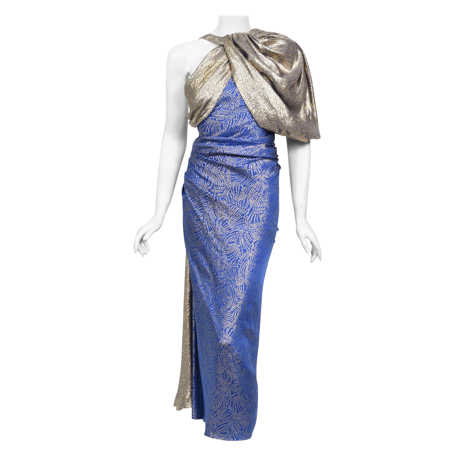 Robe asymétrique vintage en soie bleue métallisée coupée en biais Jacqueline de Ribes, années 1990 en vente