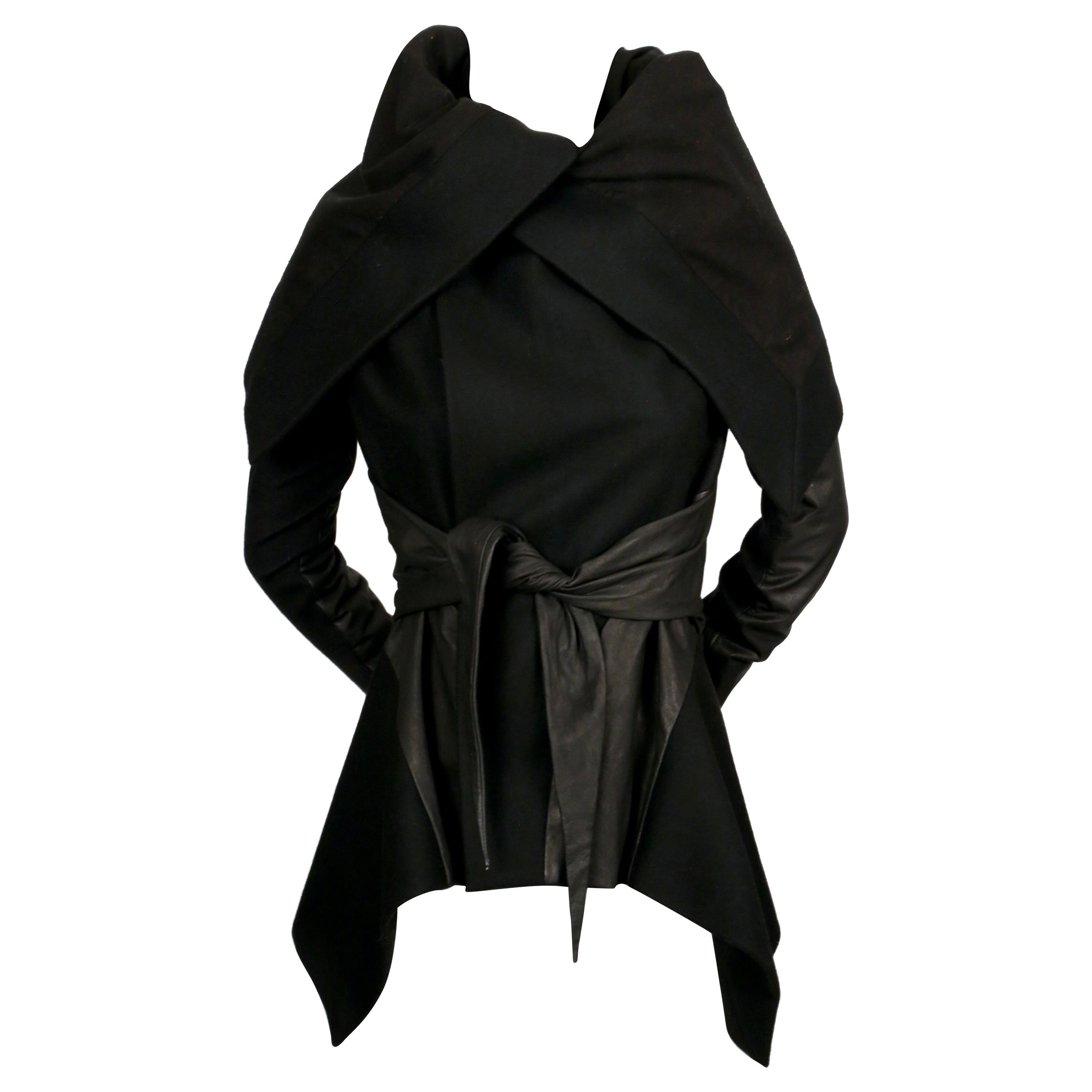 RICK OWENS black jacket with leather sleeves and asymmetrical hemline For Sale