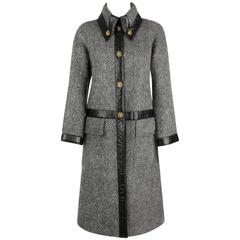 BONNIE CASHIN Sills 1960s Gray Wool Mohair Black Leather Trim Gold Turnlock Coat