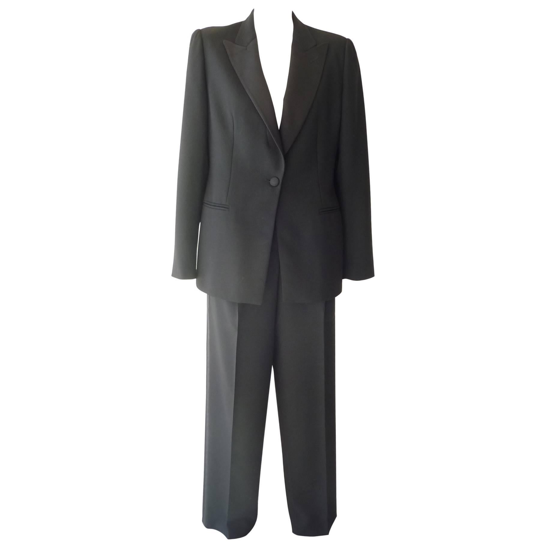 1990s Giorgio Armani Black Tuxedo Wool Pant Suit (12 US)