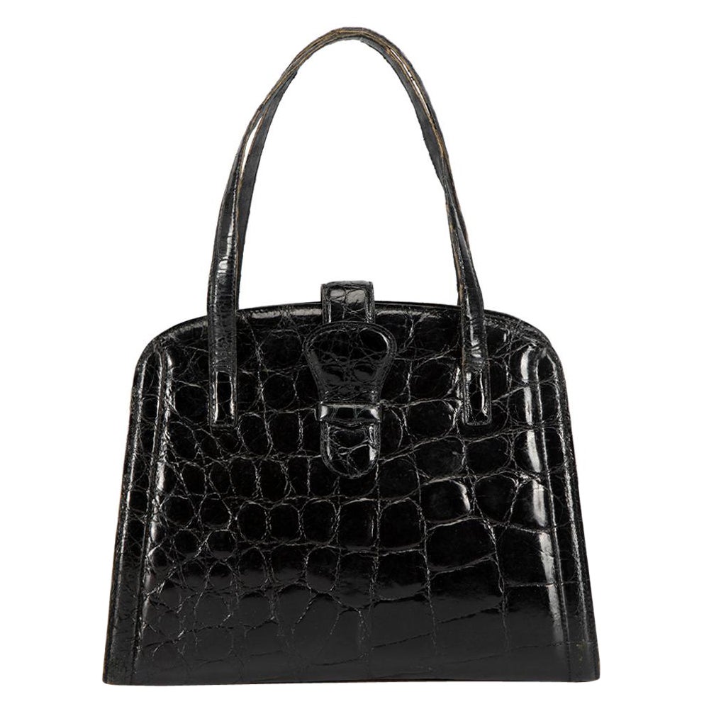 Donna Elissa Black Patent Croc Embossed Handbag