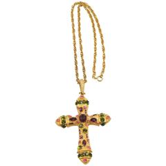 Massive Jeweled Gilt Metal Cross Pendant Necklace Purple and Green Rhinestones