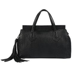 GUCCI c.2015 "Lady Tassel" Black Python Leather Bamboo Top Handle Tote Handbag