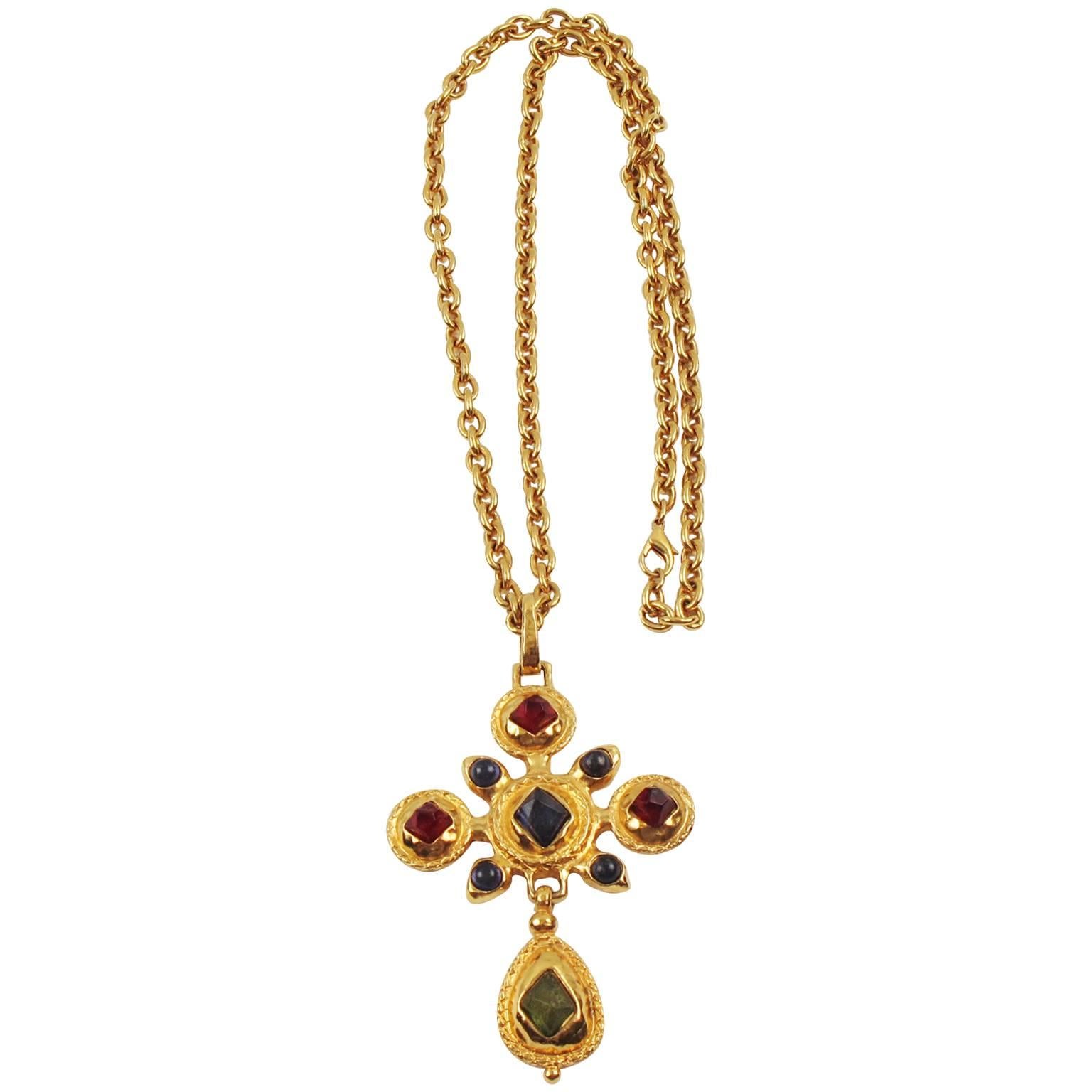 1980s Medieval Revival Massive Jeweled Gilt Metal Cross Pendant Necklace