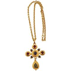1980s Medieval Revival Massive Jeweled Gilt Metal Cross Pendant Necklace