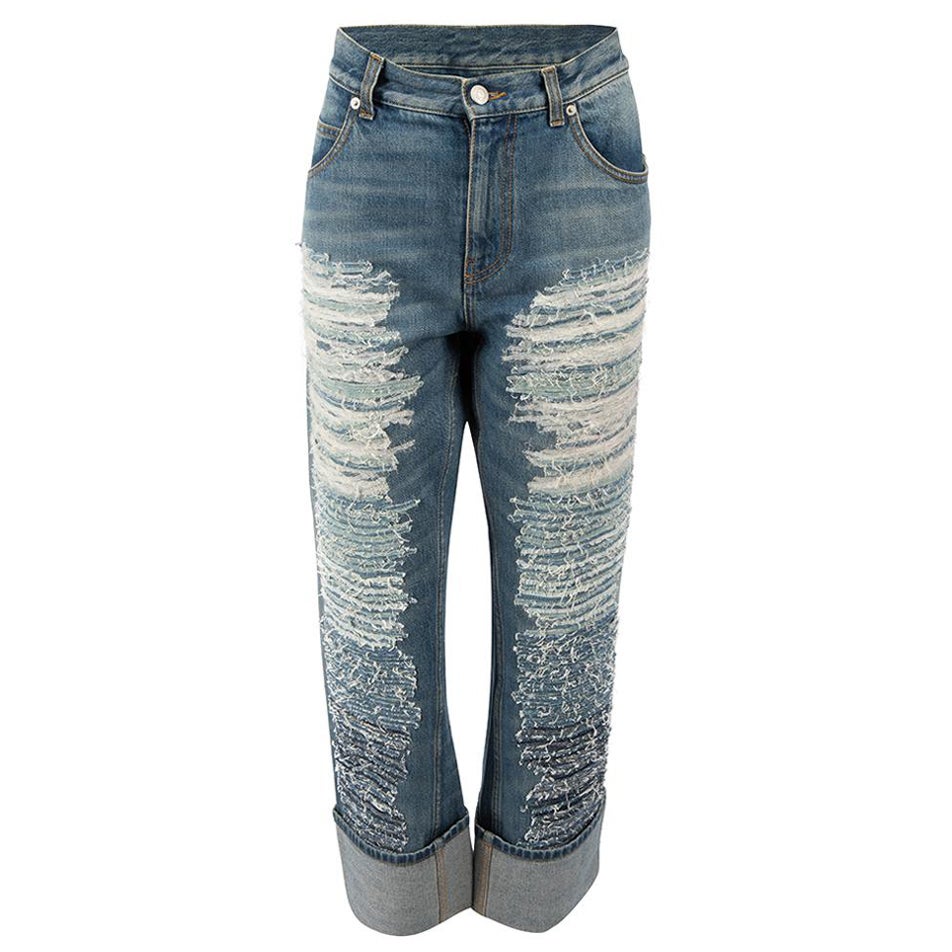 Alexander McQueen Blue Distressed Cuffed Boyfriend Jeans Size M For Sale