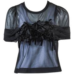 Comme des Garcons Black Sheer Velvet Bow Embellished Short Sleeve Pleated Top
