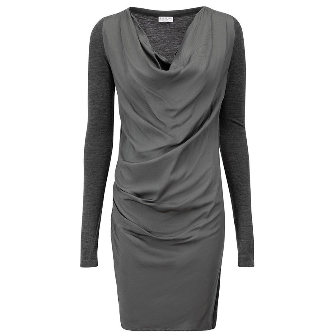 Brunello Cucinelli Grey Silk Draped Mini Dress Size XS For Sale