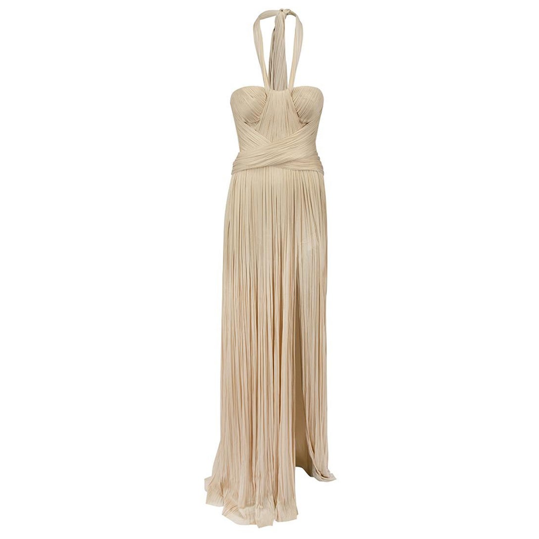 Maria Lucia Hohan Beige Strapless Pleated Silk Gown Size XS